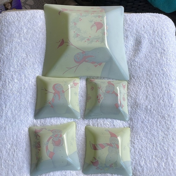 Susan Winget Square 5 set Glass Bowl JOY Candy Cane Snowman Cardinal Candy Salad - Picture 9 of 9